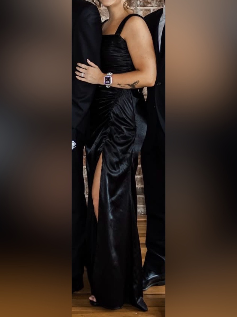 Azazie Jesaphine Elegant Black Stretch Satin Evening Gown with Side Slit